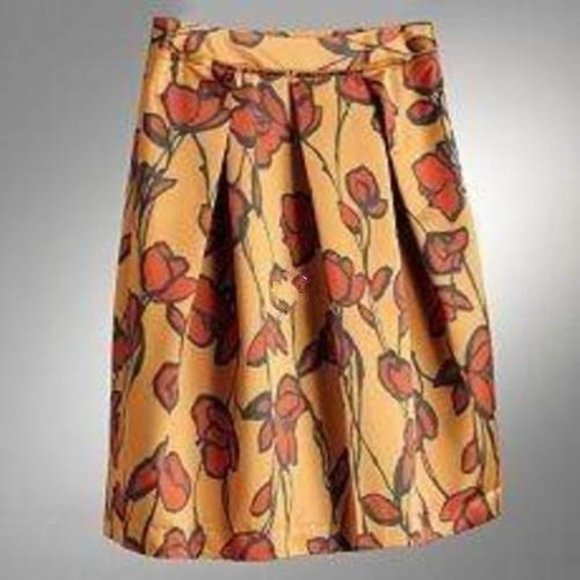 Womens Skirt 10 Gold Orange Floral Satiny Pleated Side Zip Simply Vera Wang - Picture 1 of 5